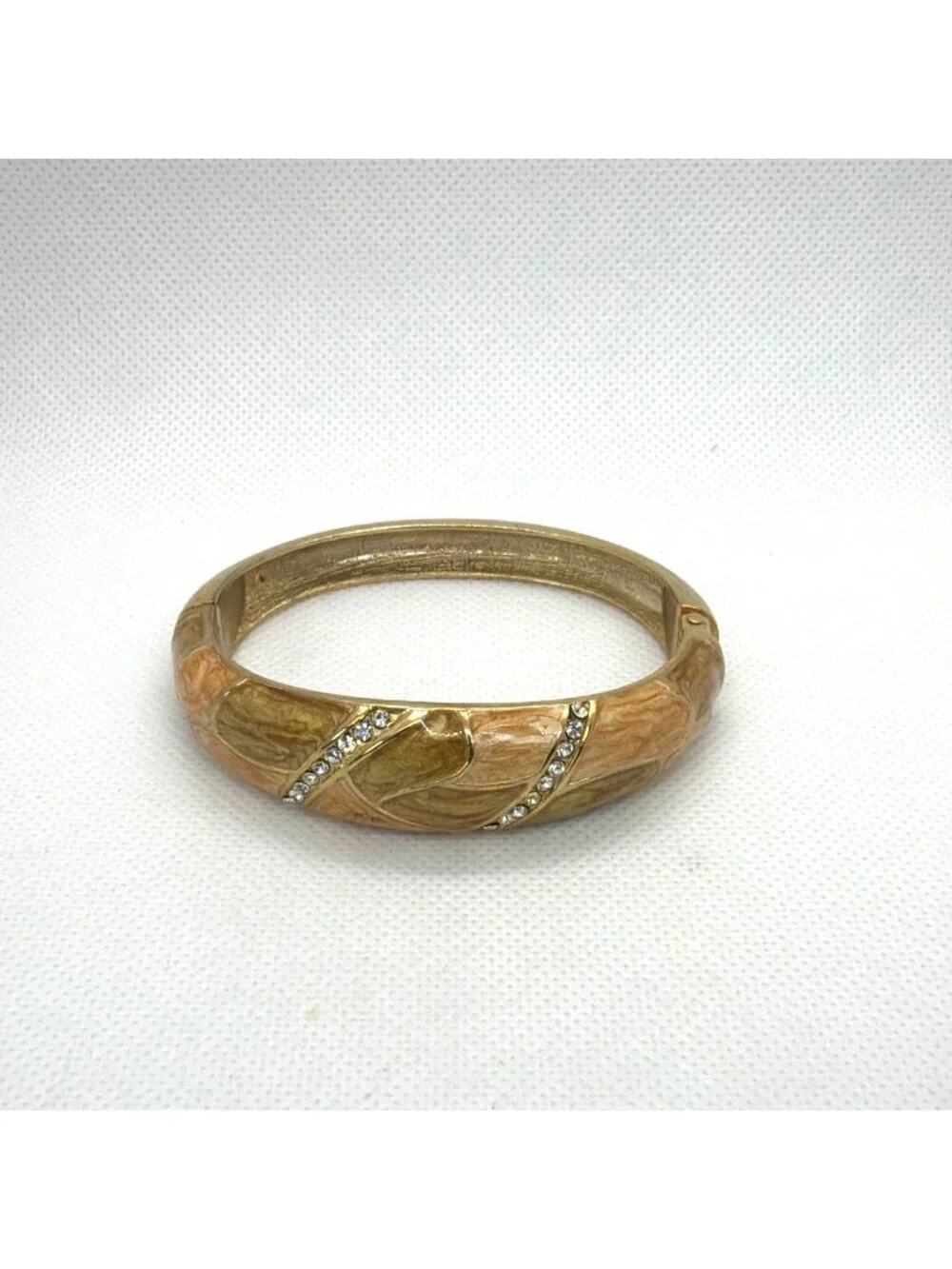 VTG Art Deco Enamel Gold Tone Hinged Bangle Rhinestone Clamper Retro Bracelet - Picture 3 of 16